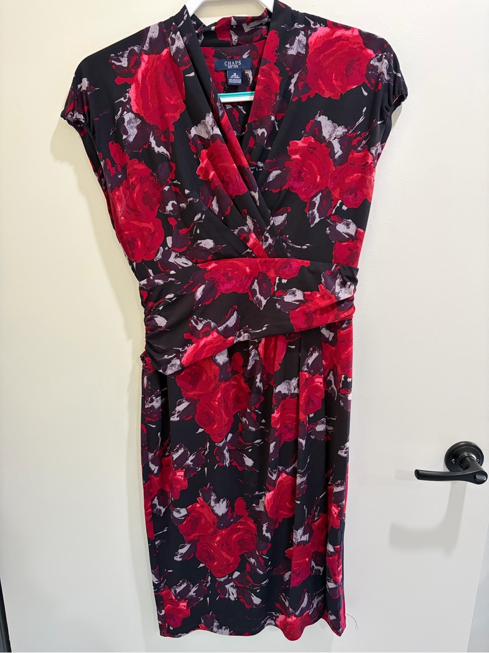 Chaps Black Dress with Red Floral Print